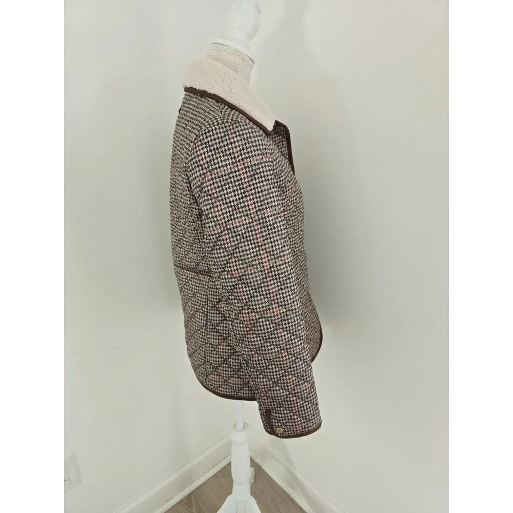 Lauren Ralph Lauren Houndstooth Quilted Jacket S Brown Green Faux Sherpa Collar - Picture 10 of 14